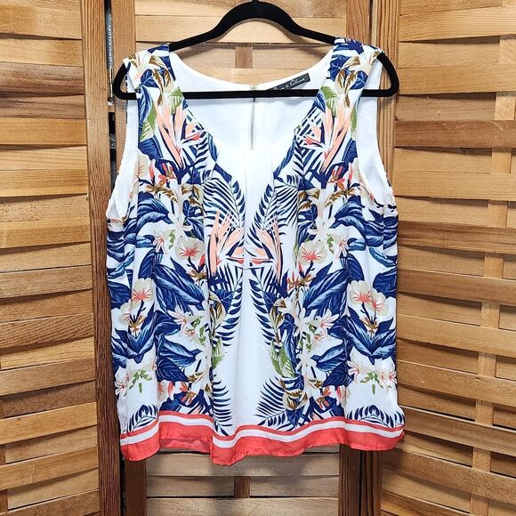Rose & Olive White Blue Floral Tank Top Women L Zipper Closure Polyester - Picture 1 of 5